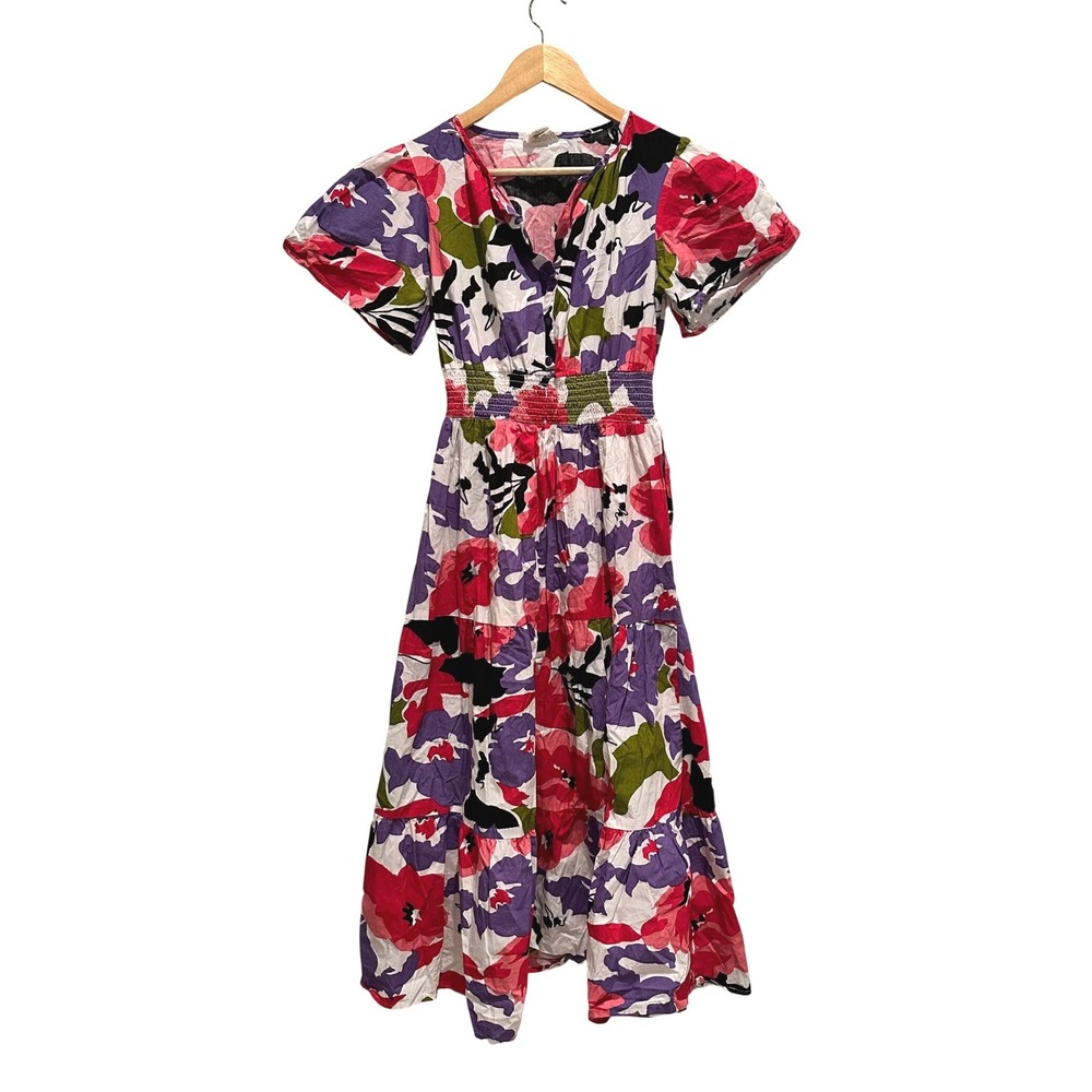 Naoo Floral Cotton Maxi Dress Medium Pink Purple Smocked waist Cottagecore Boho